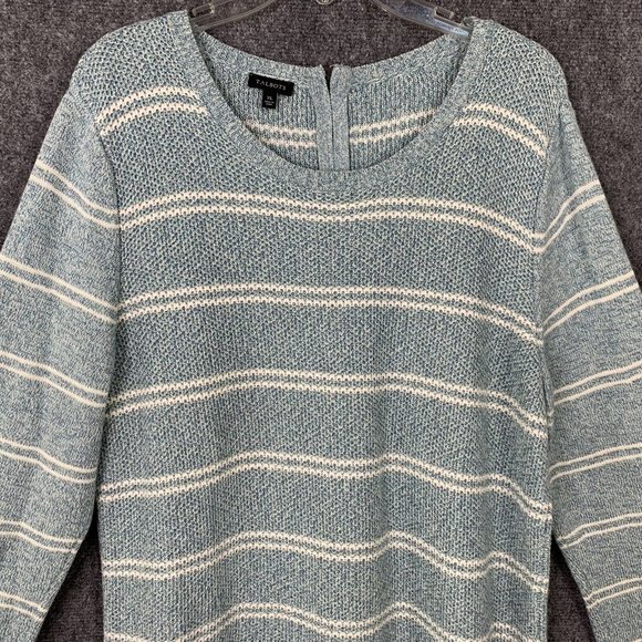 Talbots Long Sleeve Pull Over Sweater Turquoise w/White Stripe Women XL  1/4 Zip - Picture 2 of 9